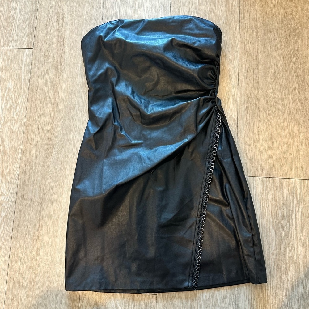 Zara Black Faux Leather Strapless Dress with Chain Detail